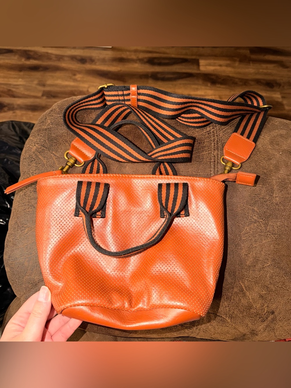 Universal Thread Orange Leather Crossbody Tote with Striped Strap